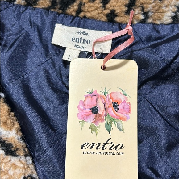 NWT Entro Corduroy Jacket Blue Button Up Shacket with Leopard Print Collar Sz L - Picture 4 of 8